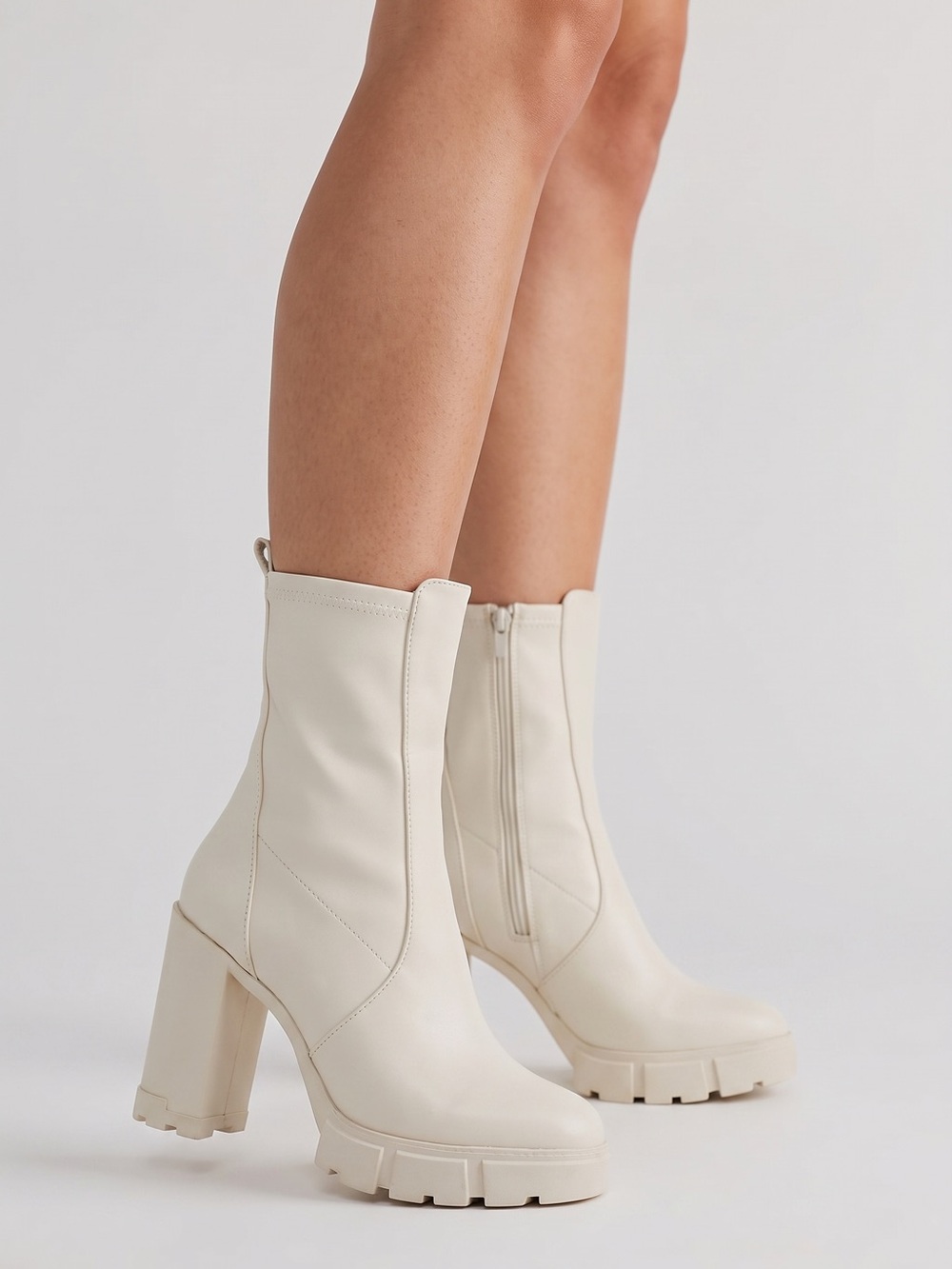 Bone Leather Platform Lug Sole Heeled Boots